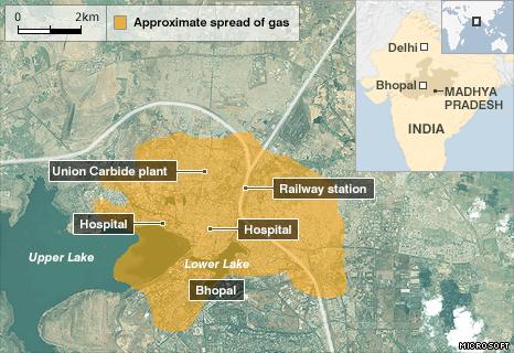 Map showing the area affected by the gas leak