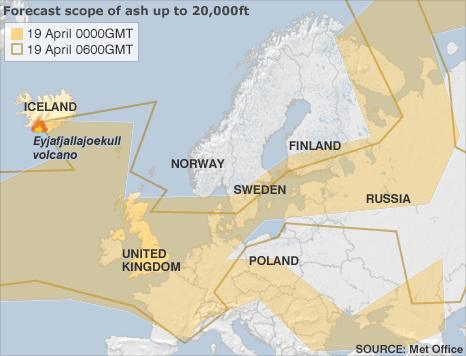 Map showing spread of volcanic ash from Iceland