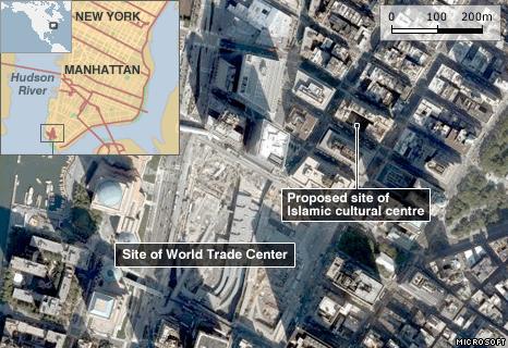 Satellite view showing the World Trade Center site two blocks away from the proposed site of the Islamic cultural centre