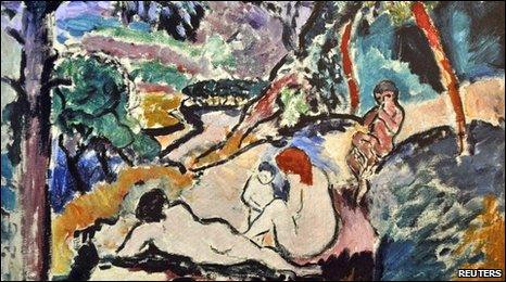 A reproduction of Pastorale, Nymphe et Faune painted by Henri Matisse in 1906