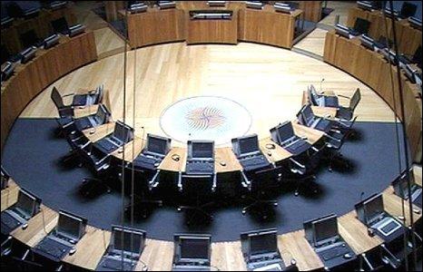 The Senedd debating chamber of the Welsh assembly