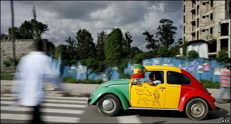 A car driving past a building site in Addis Ababa in 2007