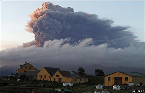 Ash rises from the volcano under the Eyjafjallajokull glacier in Iceland, 16 May 10