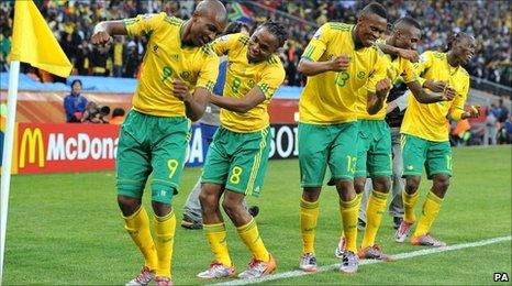 South African players celebrate their goal