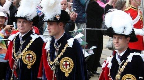 (L-r) The Duke of York, Prince William and the Earl of Wessex during the procession of the Order of the Garter in Windsor