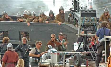 Russell Crowe (centre wearing sun glasses) filming Robin Hood in Pembrokeshire