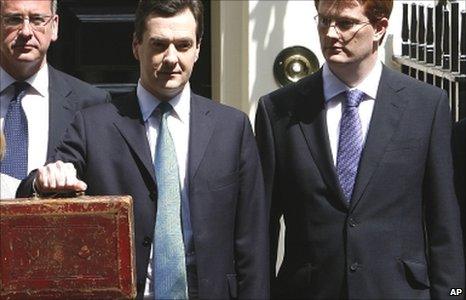 Chancellor George Osborne holds his Budget Box, with Chief Secretary to the Treasury Danny Alexander outside 11 Downing Street