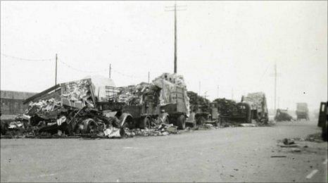 Tomato lorries damaged in the bombing of St Peter Port Harbour on 28 June 1940