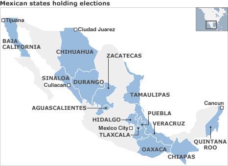 Map of Mexican states holding elections on 4 July