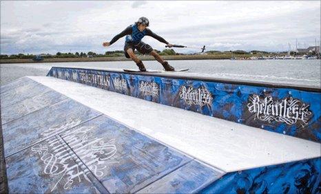 Jonty Green tackles the wakeboarding obstacle known as the Relentless Leviathan at Wakestock