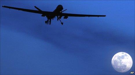 Predator drone flies over Kandahar, southern Afghanistan, 31 January 2010