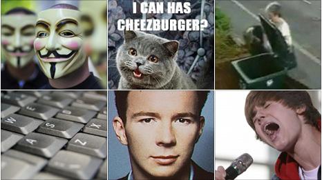 Clockwise: Anonymous anti-Scientology protest; lolcat; Mary Bale dumping kitten Lola in a bin; Justin Bieber; Rick Astley; keyboard