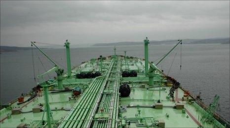 Former oil tanker, converted into floating oil terminal, off the coast of Murmansk in the Barents Sea