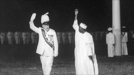 Nigeria's new prime minister Alhaji Sir Abubakar Tafawa Balewa and the British government representative James Robertson