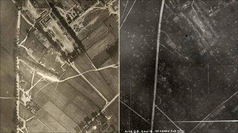 Area of German barracks before and after they were attacked - courtesy of the Royal Military Museum, Brussels