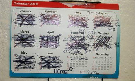 Frankie's calendar on his prison cell wall