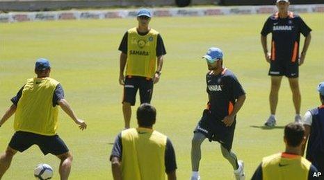 Indian cricket team playing football