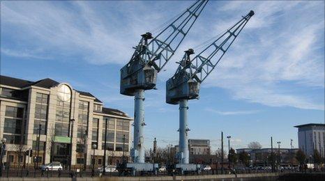 Blue cranes at Salford Quays