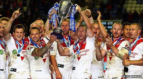 St George Illawarra players celebrate their World Club Challenge victory