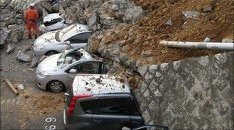 Cars crushed during Japan earthquake