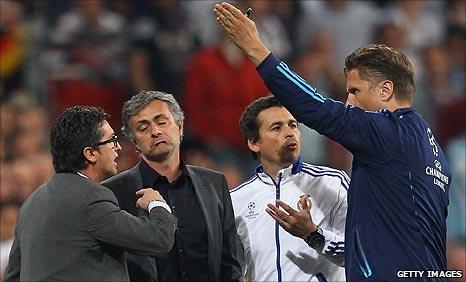 Jose Mourinho is sent to the stands during the first leg