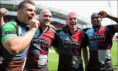 Harlequins players (from left) Nick Easter, George Robson, Joe Gray and Ugo Monye celebrate their epic semi-final win over Munster