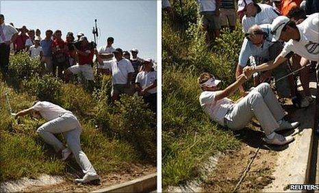 Ian Poulter takes a fall