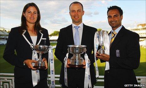 Lydia Greenway, Jonathan Trott and Umesh Valjee at Lord's with their ECB cricketer of the year awards