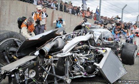 The mangled wreckage of Allan McNish's Audi R18