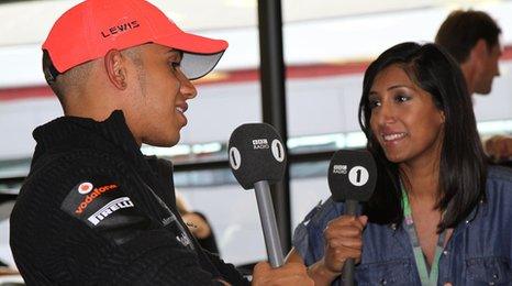 Lewis Hamilton and Tina from The Chris Moyles Show