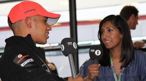 Lewis Hamilton and Tina from The Chris Moyles Show