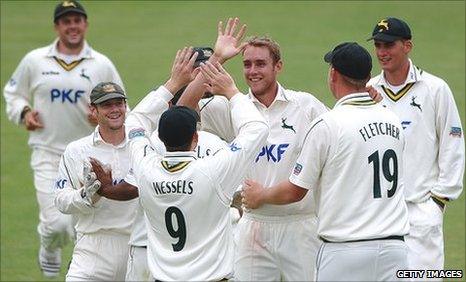 Stuart Broad and Notts celebrate