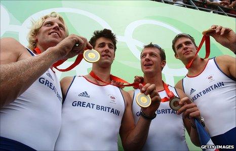 GB team Tom James, Steve Williams, Pete Reed and Andrew Triggs Hodge celebrate gold