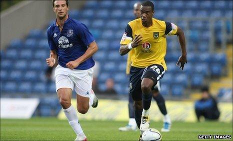 Liam Davis (r) gets away from Everton youngster Apostolos Vellios