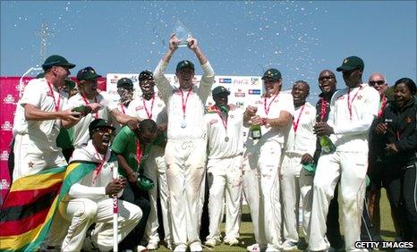 Zimbabwe celebrate winning their only Test against Bangladesh