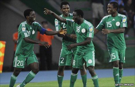 Edafe Egbedi (number18) celebrates with his Nigeria under-20 team-mates