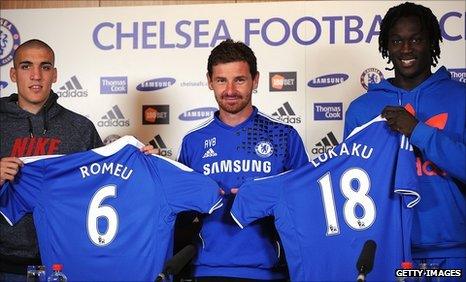 Oriol Romeu (left), Chelsea manager Andre Villas-Boas and Romelu Lukaku (right)