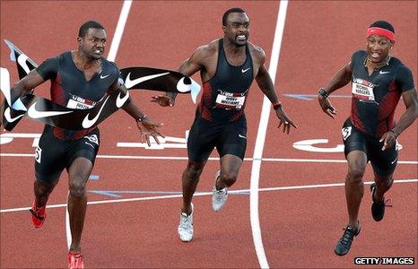 Justin Gatlin (left), with Ivory Williams and Michael Rodgers at the US Track and Field Championships