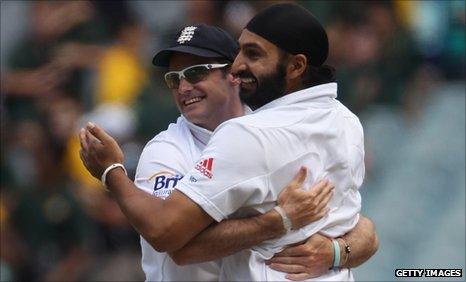 Monty Panesar (right) with England Test captain Andrew Strauss