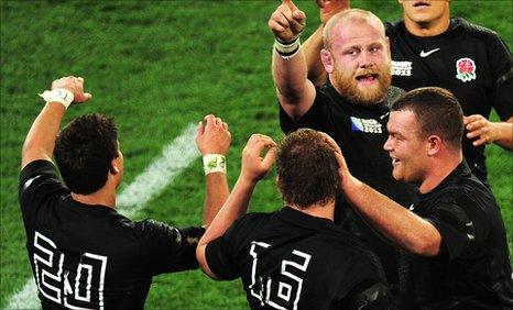 Ben Youngs, Dylan Hartley, Dan Cole and Matt Stevens celebrate victory over Argentina