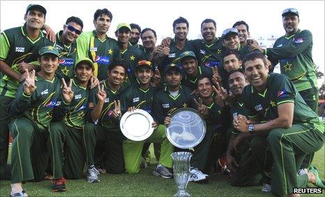 Pakistan celebrate with the one-day series trophies