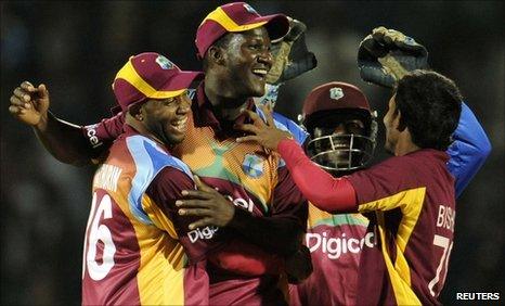 West Indies celebrate after beating England in the second T20 international