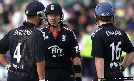 Eoin Morgan (right) acted as a runner for Ian Bell (centre) when he batted with Jonathan Trott against Bangladesh in 2010