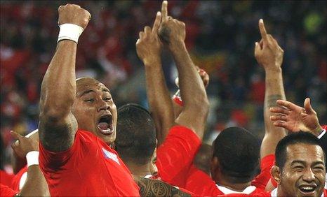 Tonga celebrate victory over France