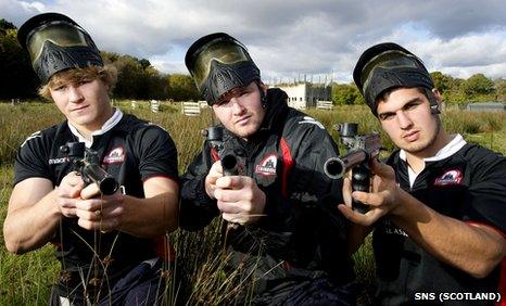 Edinburgh trio David Denton (left), Steve Turnbull (centre) and Stuart McInally enjoy a day out at paintball