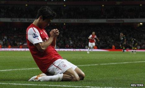 Arsenal striker Park Chu-Young celebrates scoring the winner