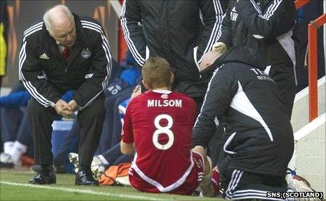 Craig Brown assesses the damage to Rob Milsom's leg