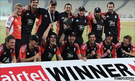 England celebrate with the Twenty20 trophy