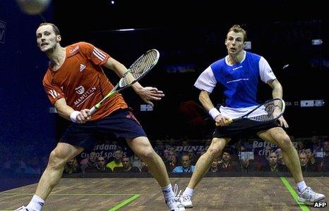 Gregory Gaultier (left) in action against Nick Mathew