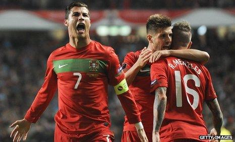 Cristiano Ronaldo scores the opening goal in Portugal's 6-2 win over Bosnia